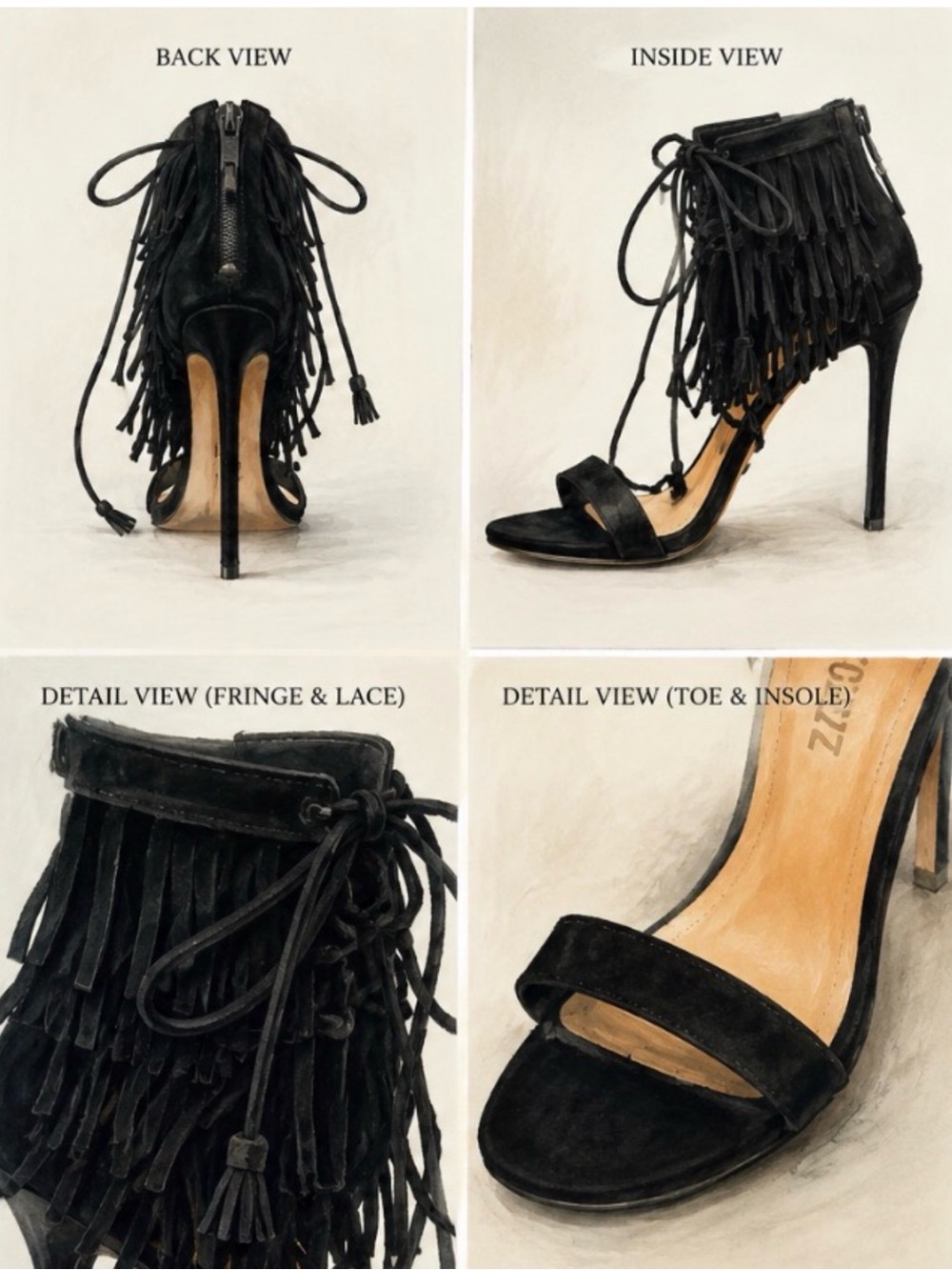Fringed Lace-Up Black Suede High Heel Sandals